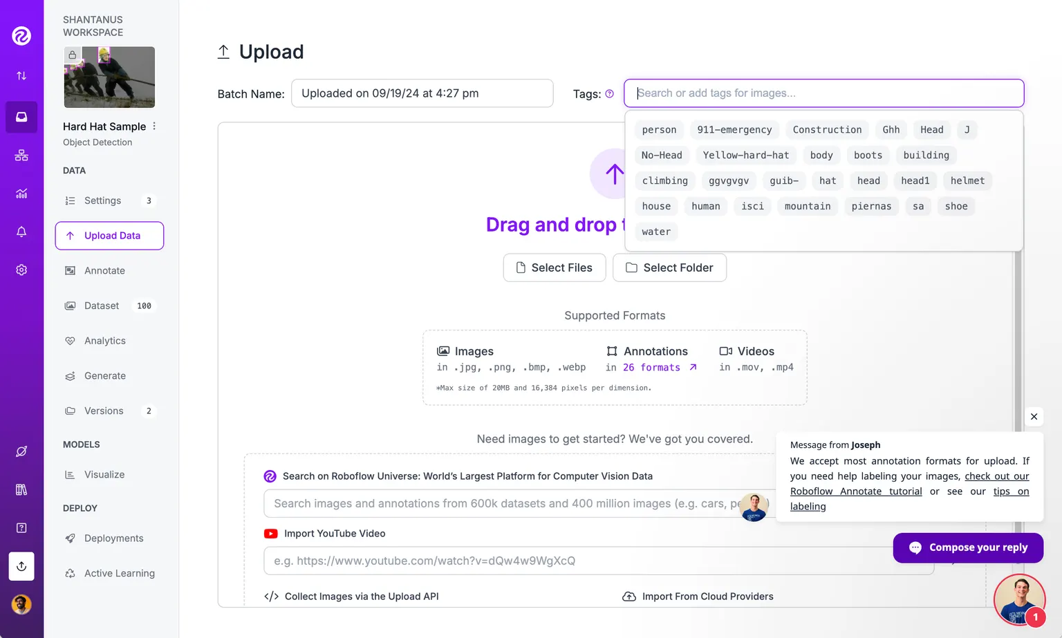 Opening the Tag menu prior to image Upload