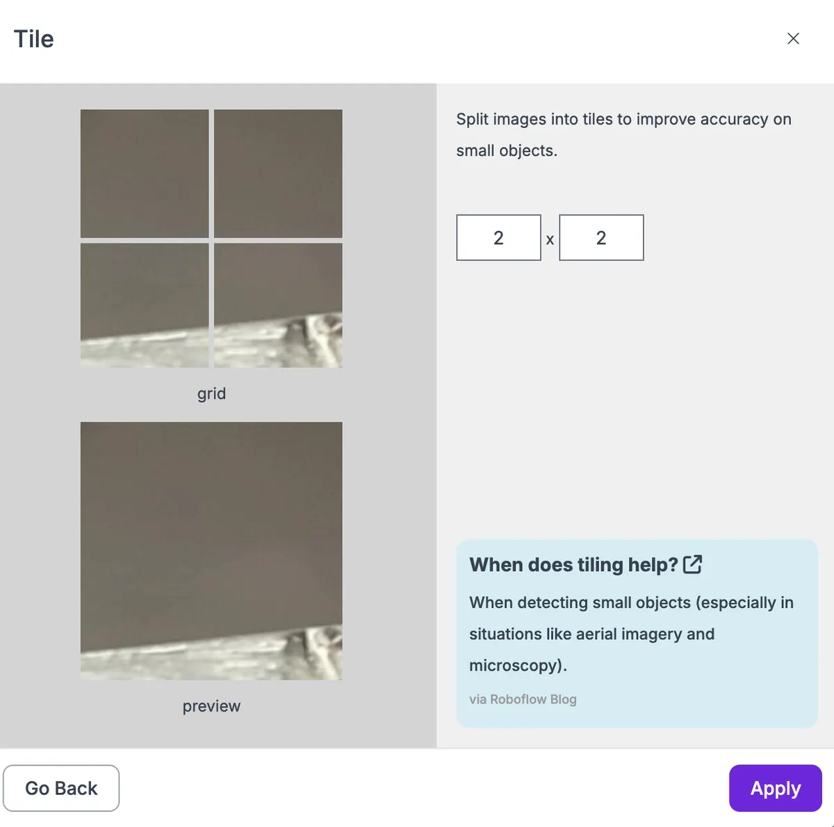 The tiling tool and a preview (depicted in "grid") of the output .