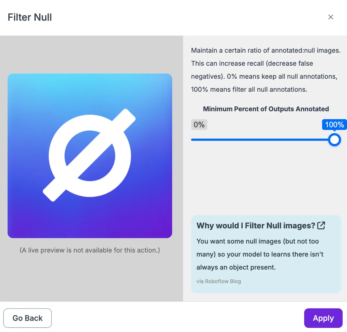 Applying the Filter Null preprocessing step.