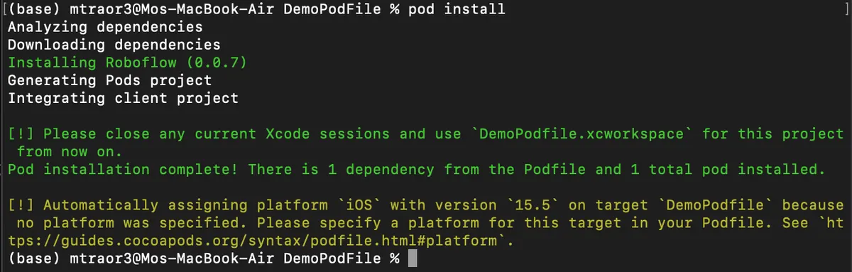 Terminal after successful installation of the Podfile