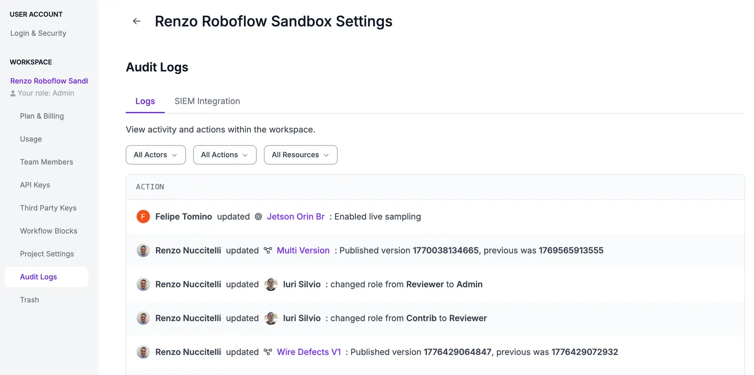 The Audit Logs table showing recent   workspace activity