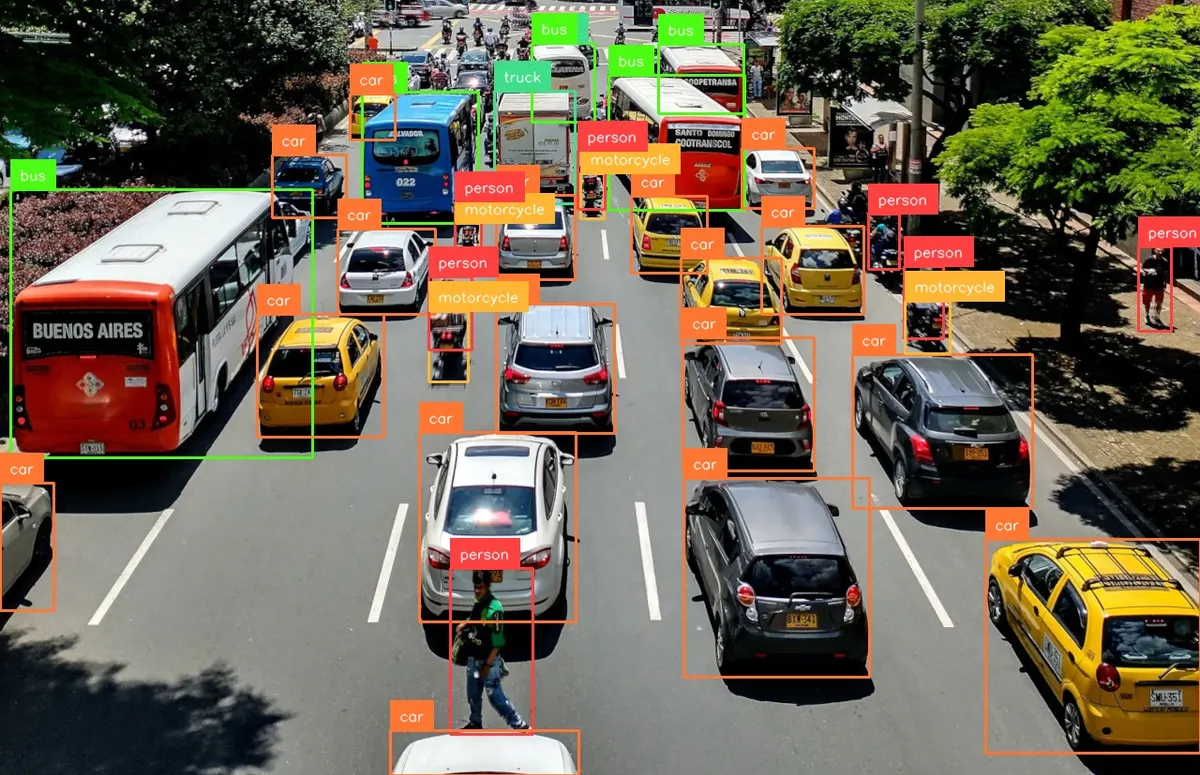 RF-DETR bounding boxes for cars, buses, people, and motorcycles