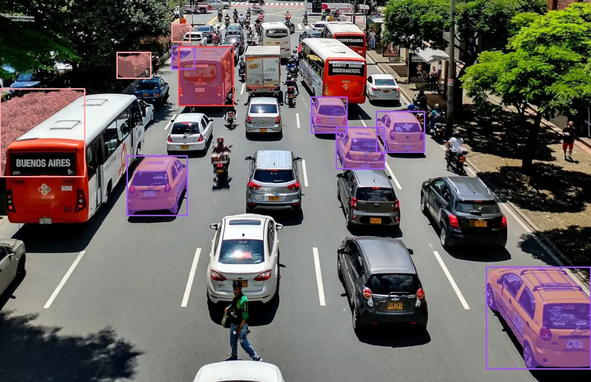 Outlines around taxis, a blue bus, and bushes from text prompts
