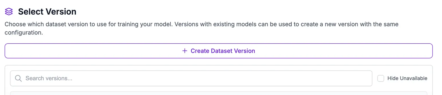 Dataset version selector for a NAS training run.